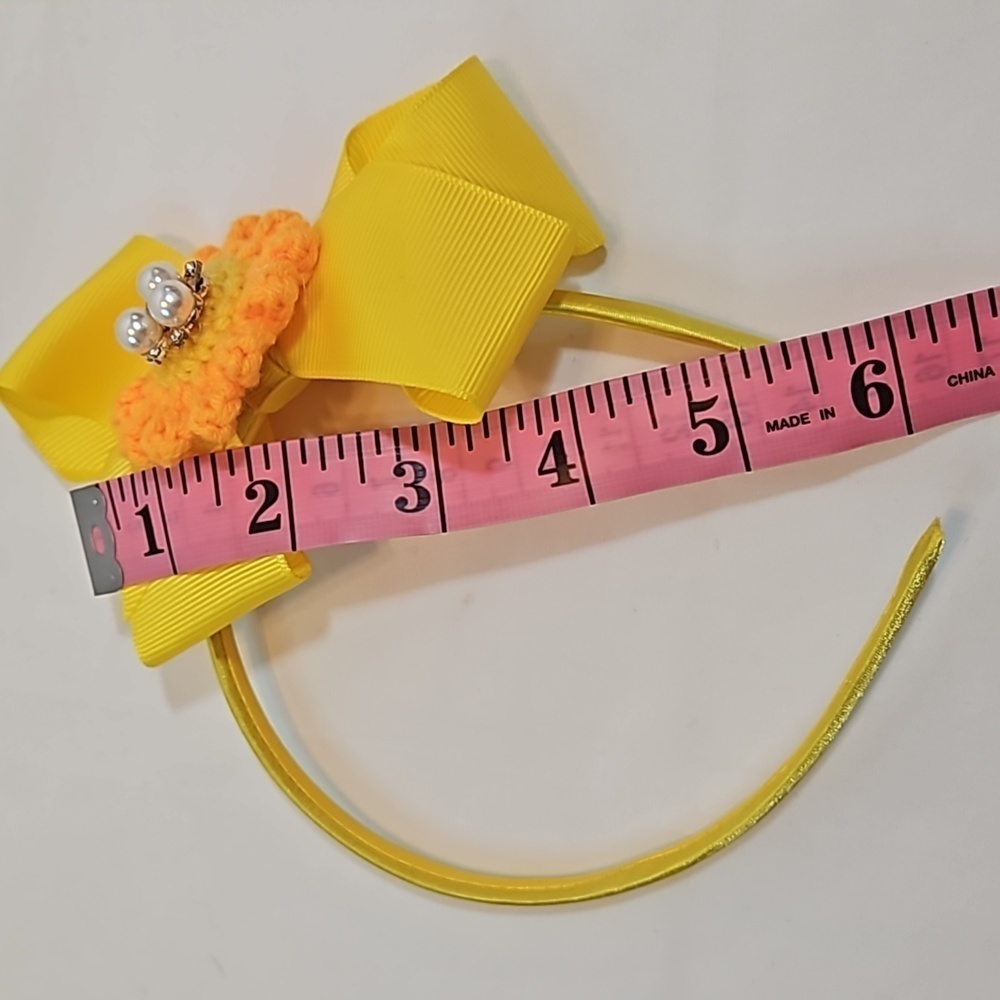 Hand Crafted yellow bow hairband hand  crochet flower faux pearls beads floral - Picture 15 of 17
